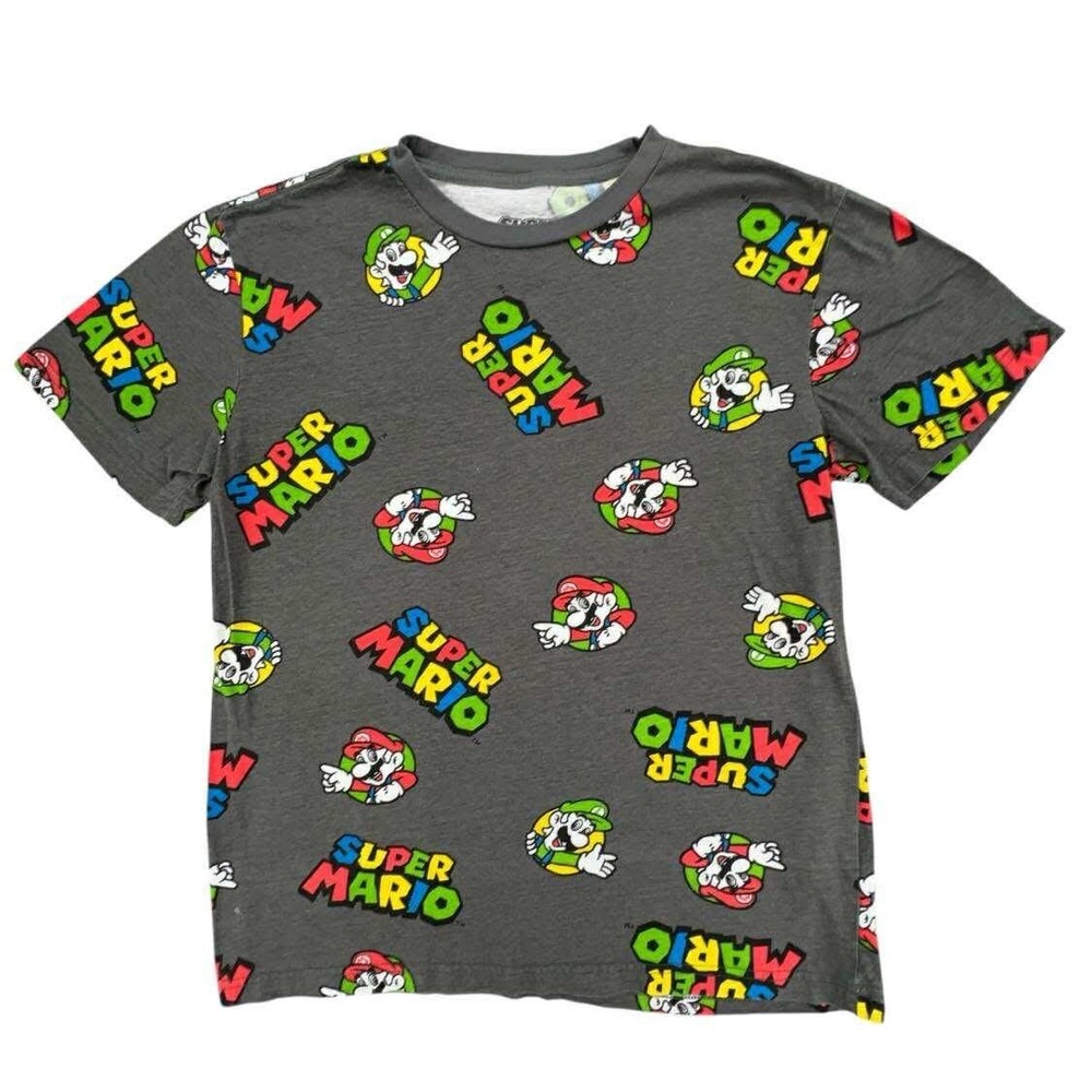 Super Mario Bros T-Shirt All Over Print Crew Neck Short Sleeve Gray‎ Small